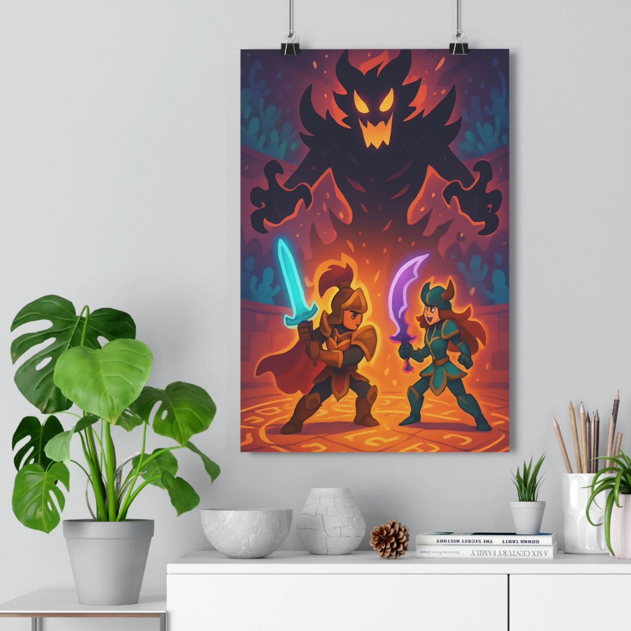 Poster décoratif épique bleu violet mystique héros chambre enfant aventure épée armure époustouflant 30x46