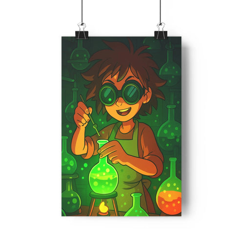 Poster scientifique cartoon lunettes vertes cuve lumineuse bouteilles plantes verte ambiance ludique expérimentation chimique contemporain chambre salon