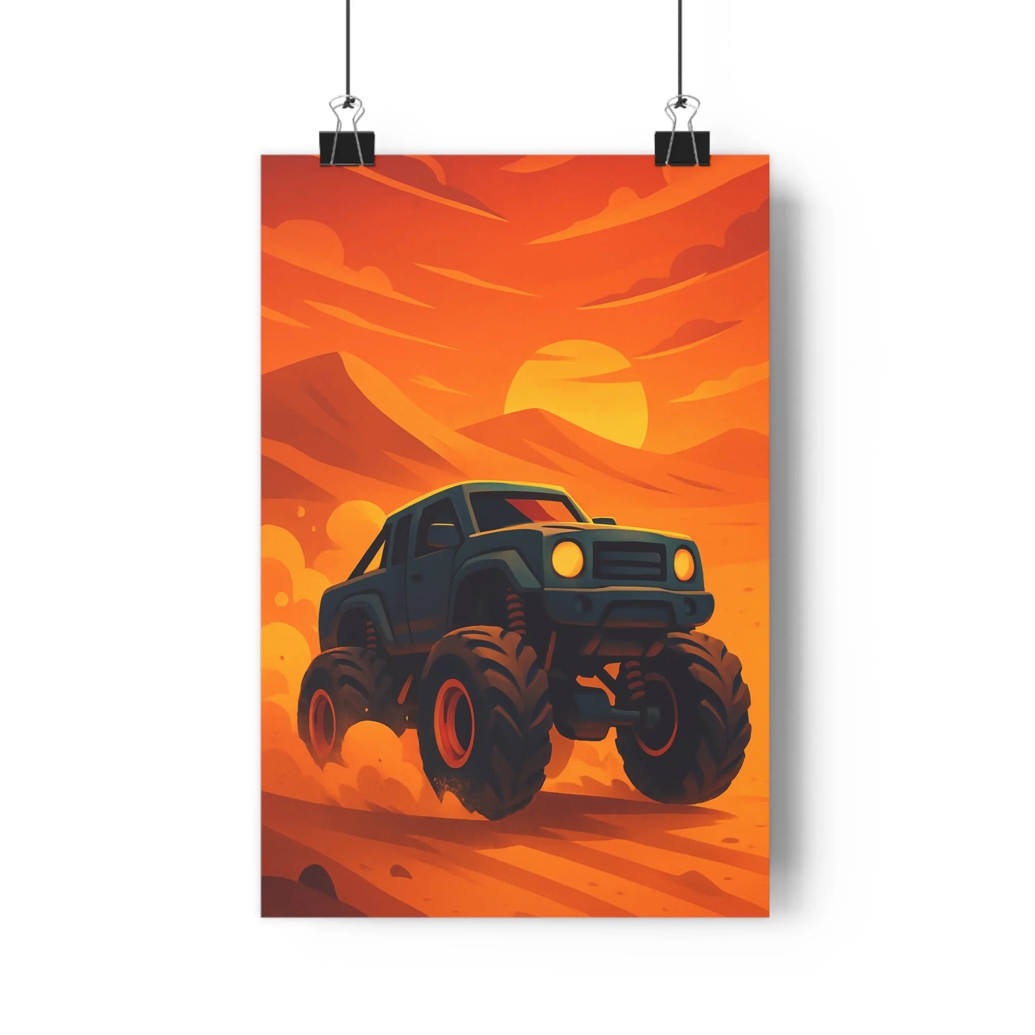 Poster décoratif aventure dessin animé véhicule sable jaune orange chambre enfant dynamique course désert