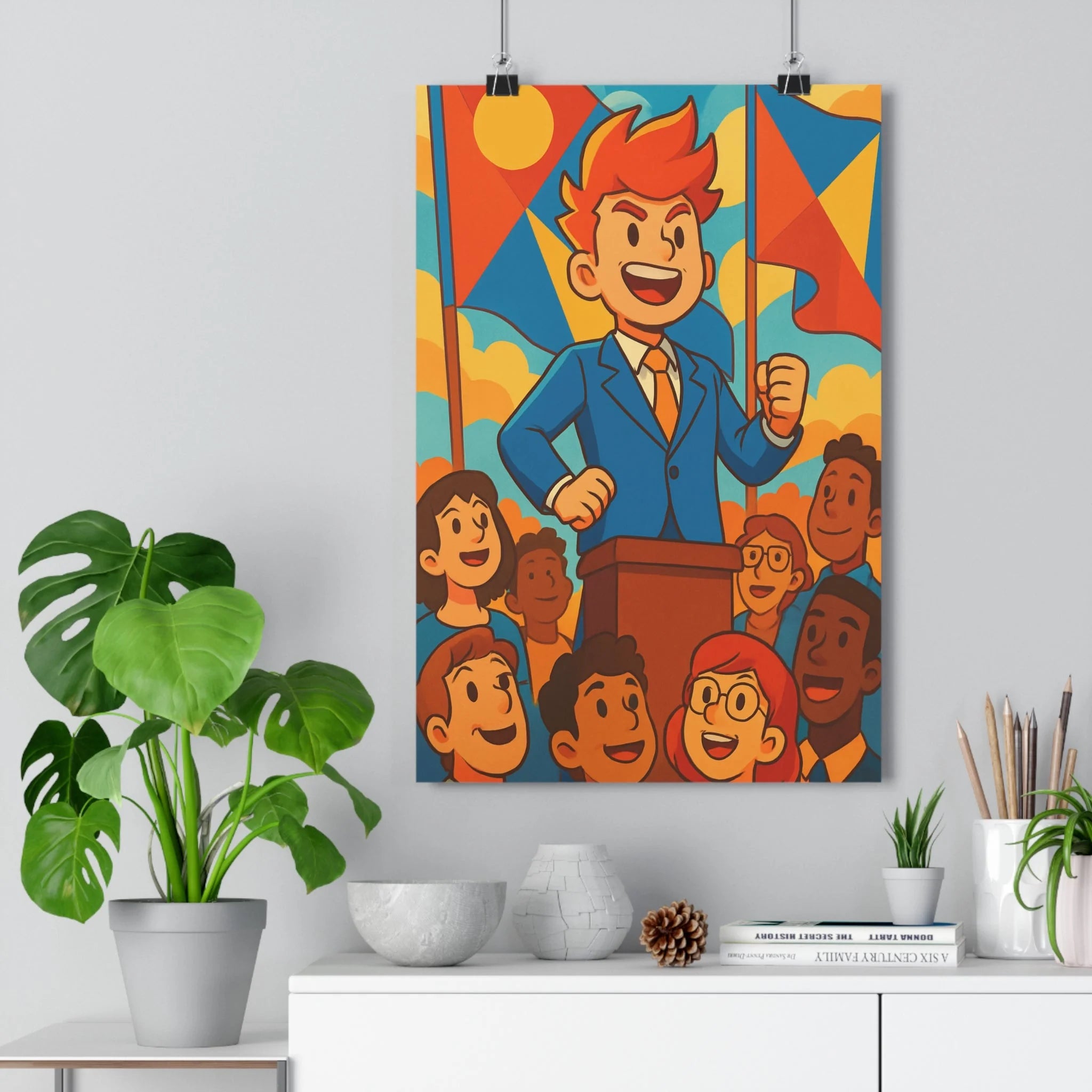 Poster décoratif personnages dynamique moderne bleu rouge joyeux salon bureau chambre enthousiasme qualité premium