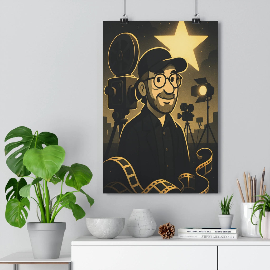 Poster homme souriant caméras projecteur rubans film étoile dorée fond noir plantes verte créatif festive salon bureau cartoon vintage