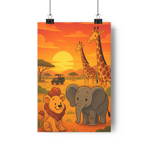 Poster africain lion éléphant girafes couchant soleil jeep arbres couleurs vives style cartoon paisible chambre enfants
