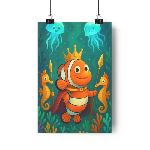 Poster poisson clown couronne hippocampes méduses eau sombre plantes aquatiques couleurs joyeuses style cartoon ambiance magique chambre enfants
