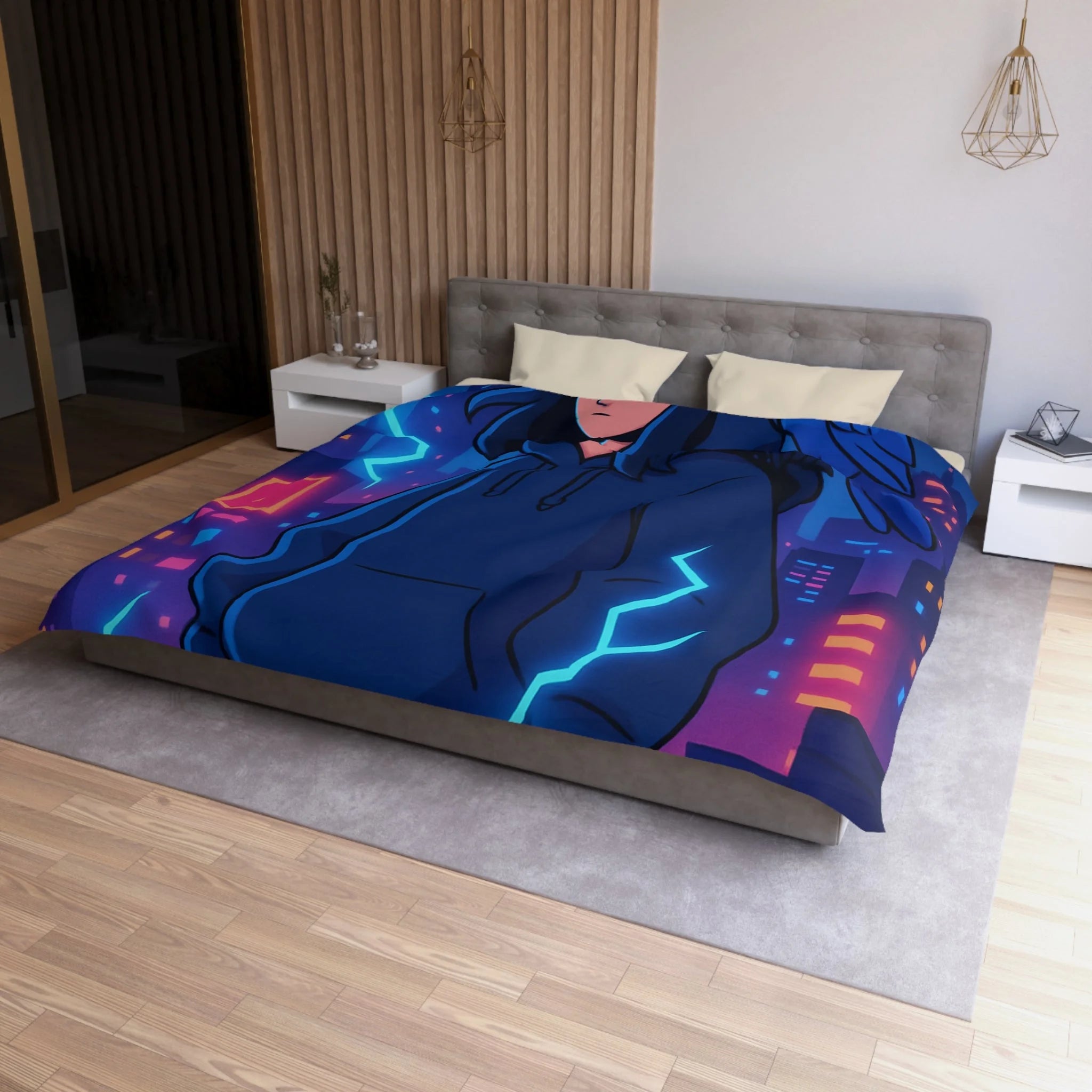Tendance housse de couette bleu foncé avec motif urbain et perroquet électrique