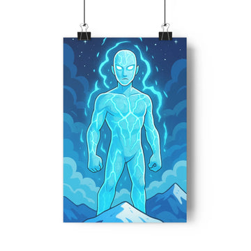 Poster lumineux bleu aura mystique montagnes neige nuages étoiles moderne minimaliste ambiance surnaturelle chambre salon