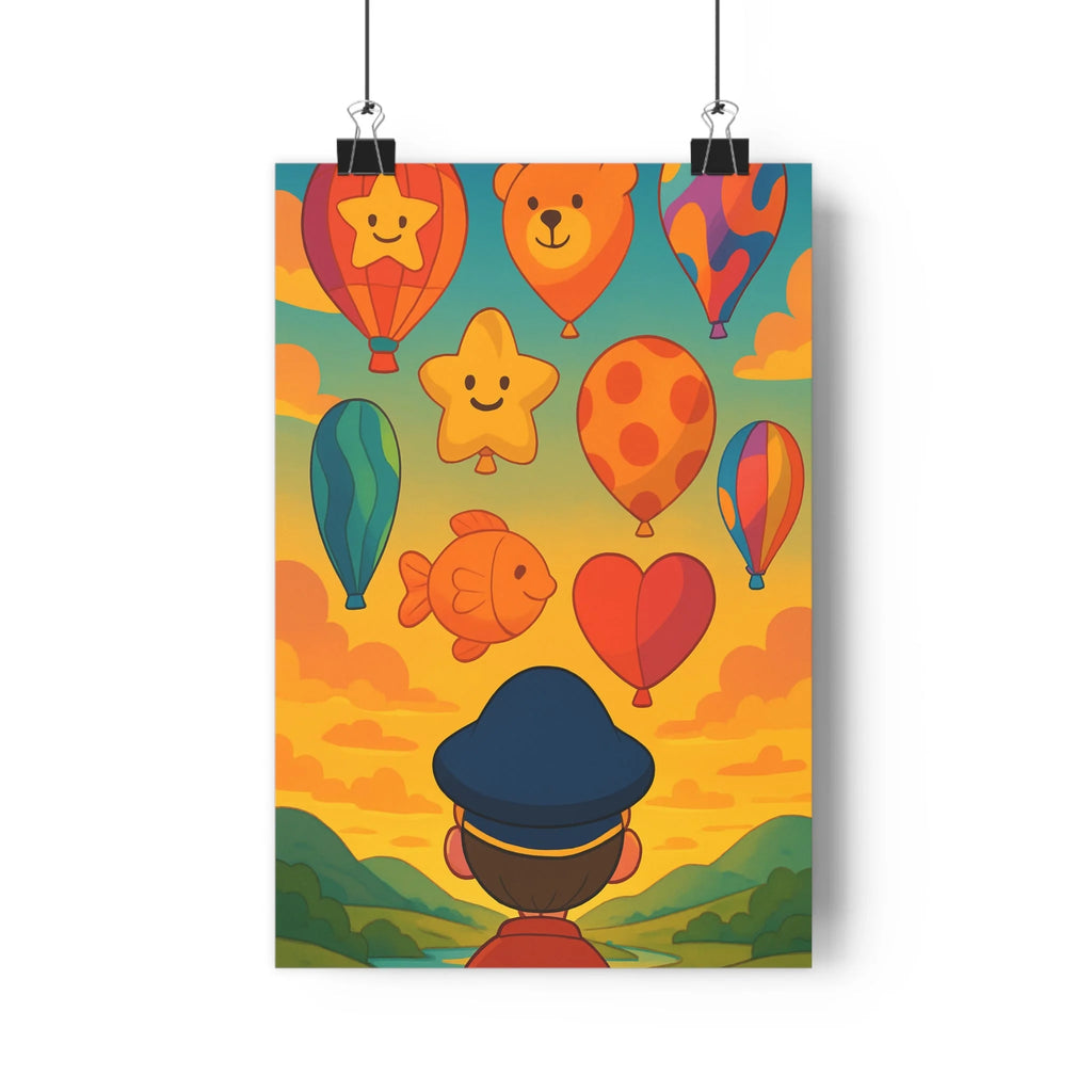 Poster décoratif coloré illustration joyeuse ciel montgolfières enfant chambre vibrant coucher soleil collines qualité