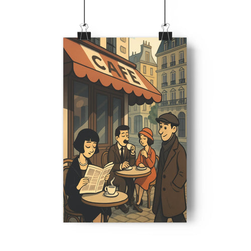 Poster parisien café conversation personnages table livre déco buildings balcons windows vintage illustratif coloré chaleureux convivial salon chambre