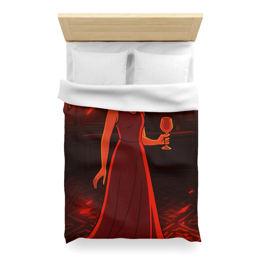 Housse de couette rouge élégante avec motif femme et reflets lumineux mystérieux
