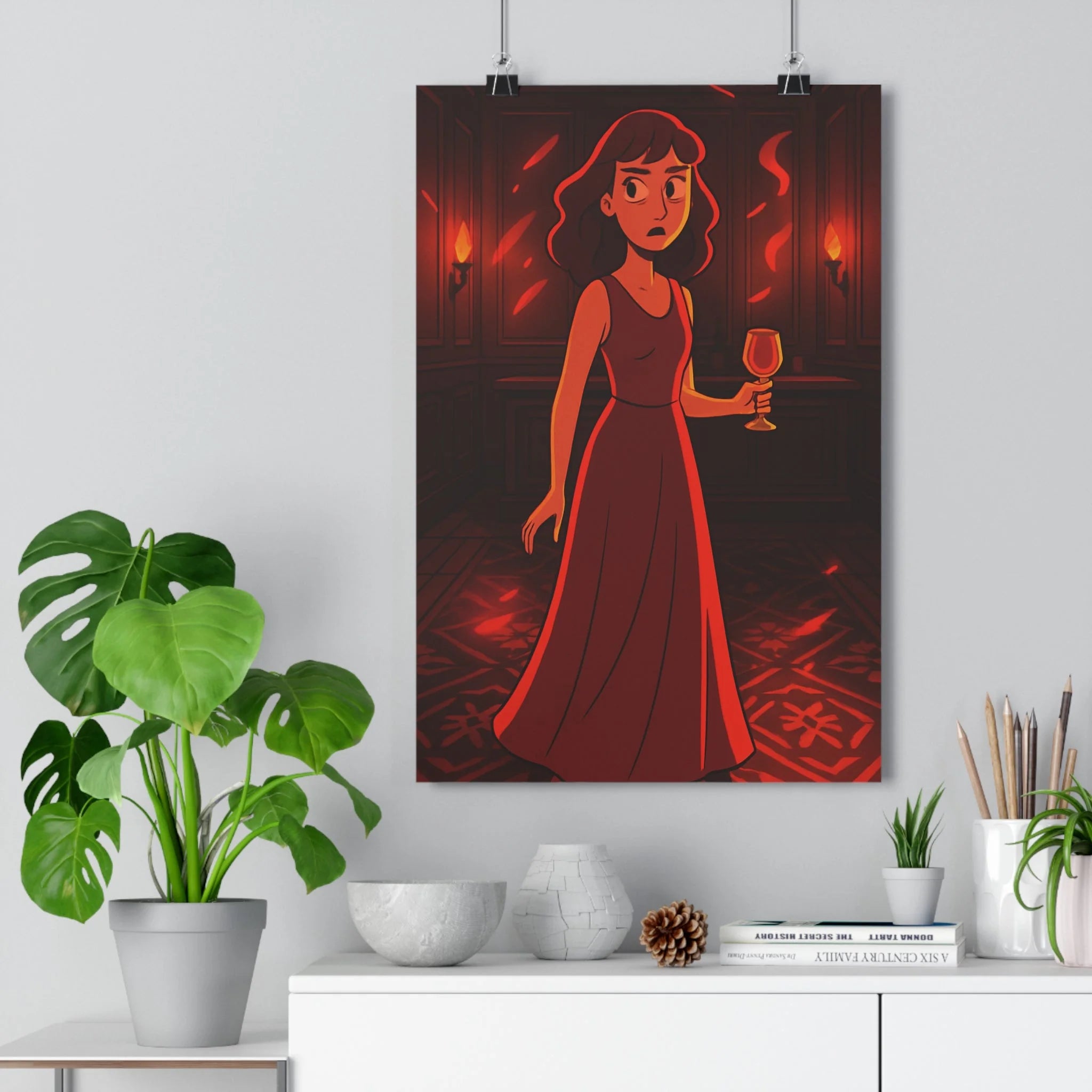 Poster décoratif rouge cartoon femme mystérieux ambiance sombre salon intrigue lumière élégance design stylish