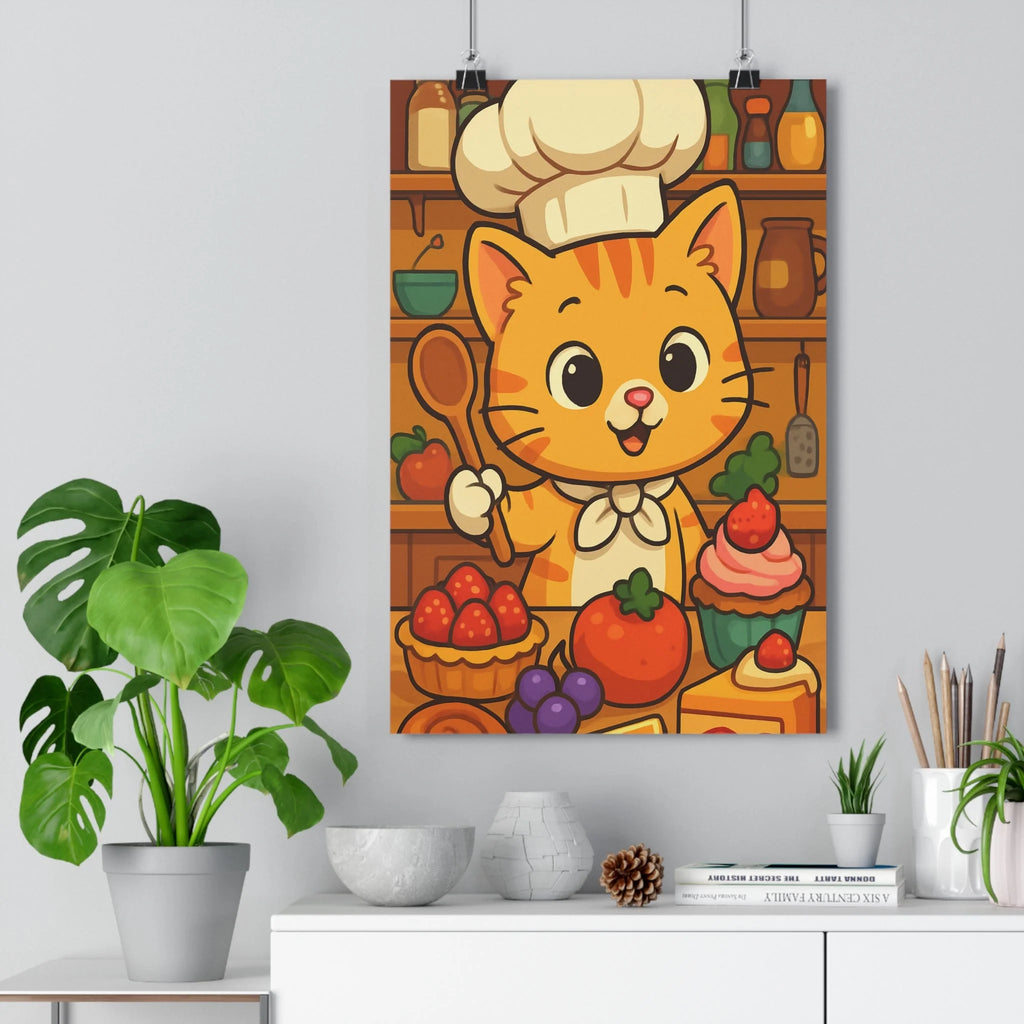 Poster décoratif dessin animé coloré joyeux cuisine enfant chambre mural gourmand chaton chef adorable
