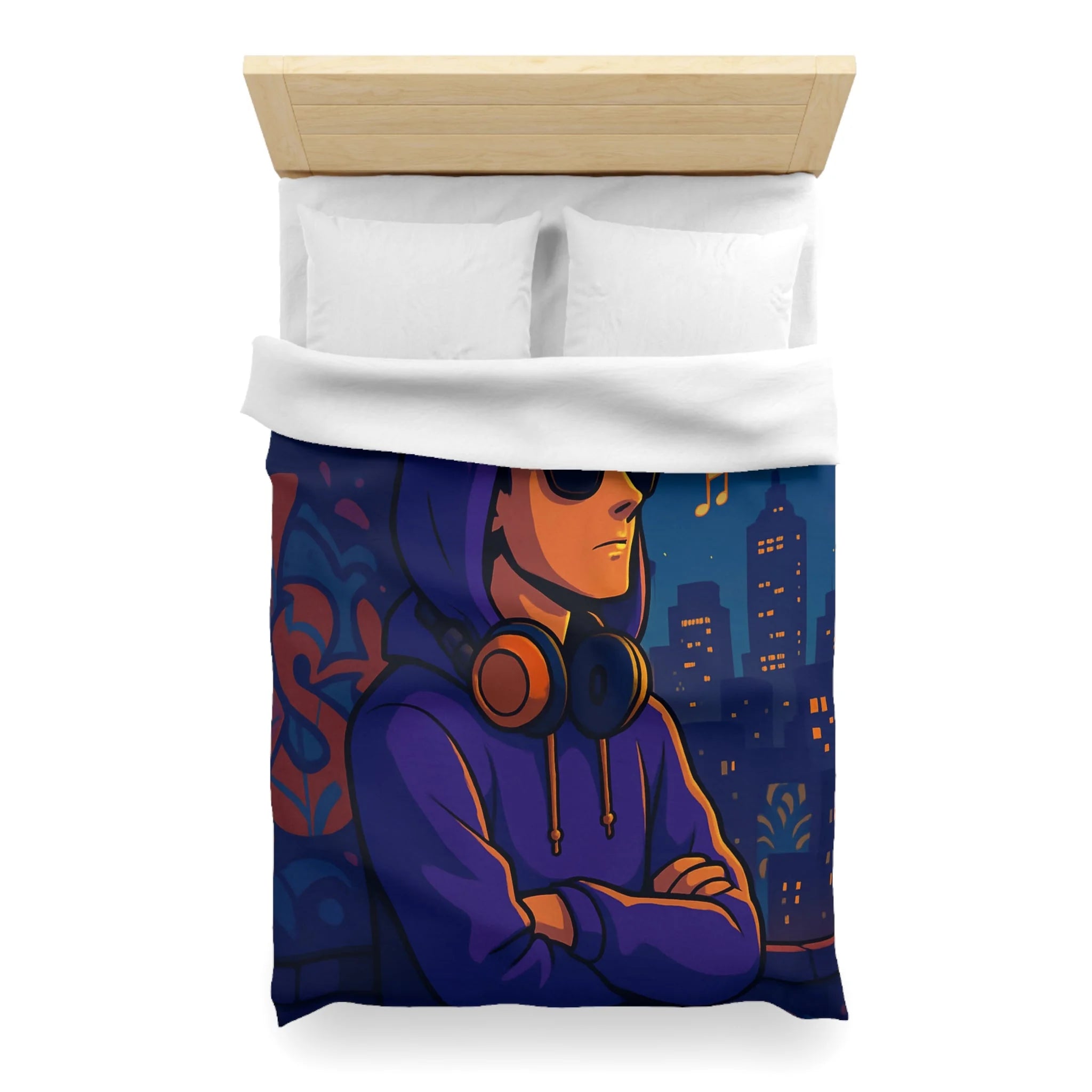 Housse de Couette Style Urbain avec Motifs Musique et Paysage Nocturne Animé