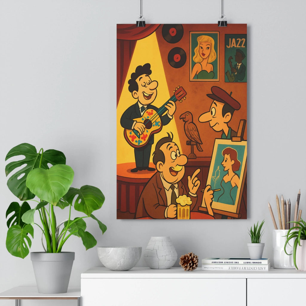 Poster décoratif vintage sépia joyeux salon musical scène guitare café artistique ambiance nostalgique qualité