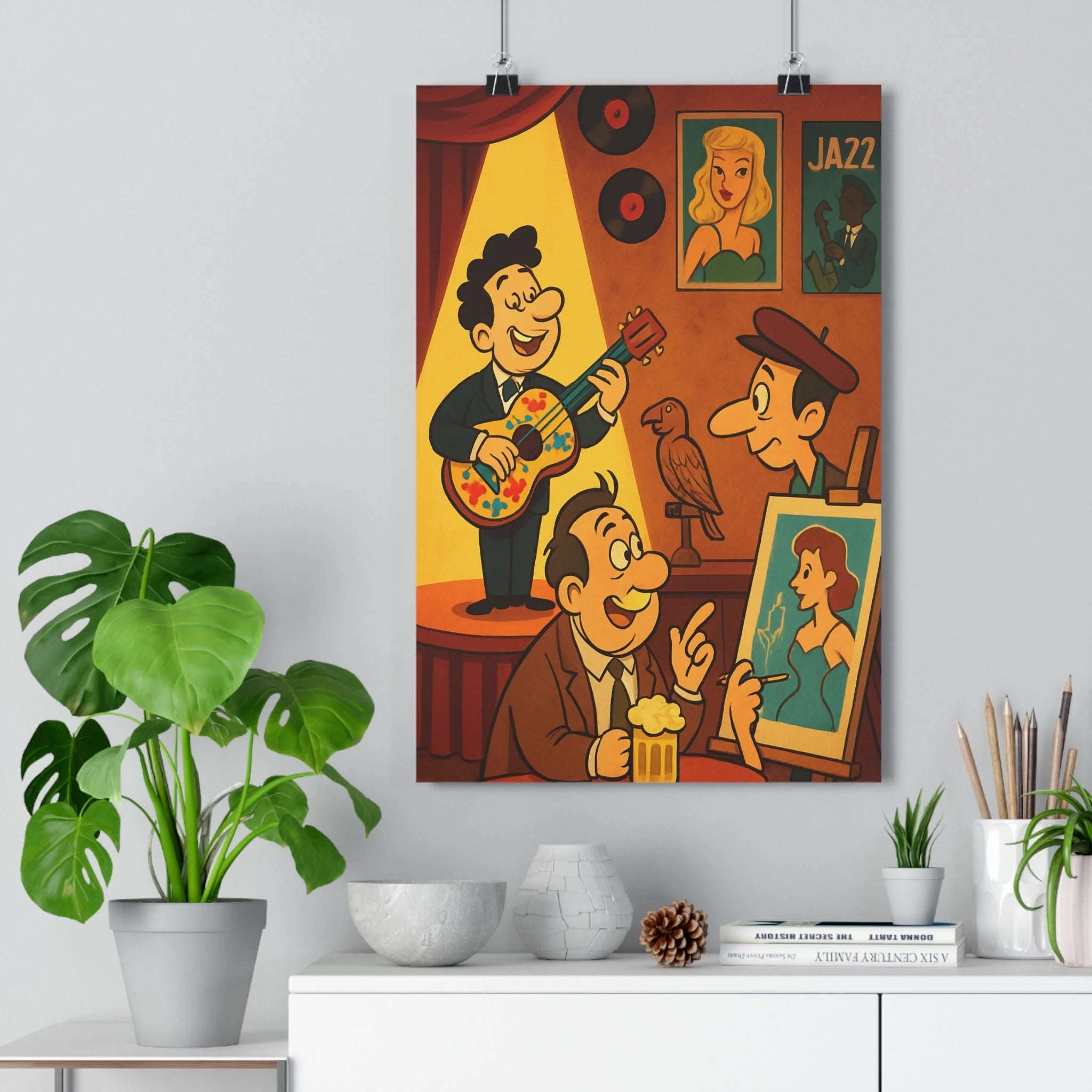 Poster décoratif vintage sépia joyeux salon musical scène guitare café artistique ambiance nostalgique qualité