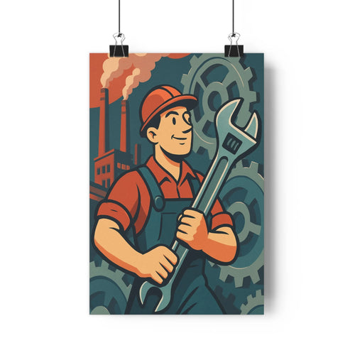 Poster industrie travailleur clé molette sécurité combinaison roues dentées cheminées fumée bleu rouge ambiance robuste bureau déco cartoon