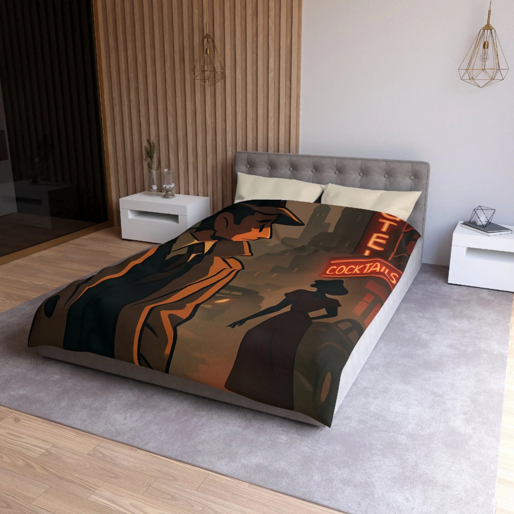 Housse de Couette Noir et Rouge, Design Rétro Vintage, Atmosphère de Film Noir