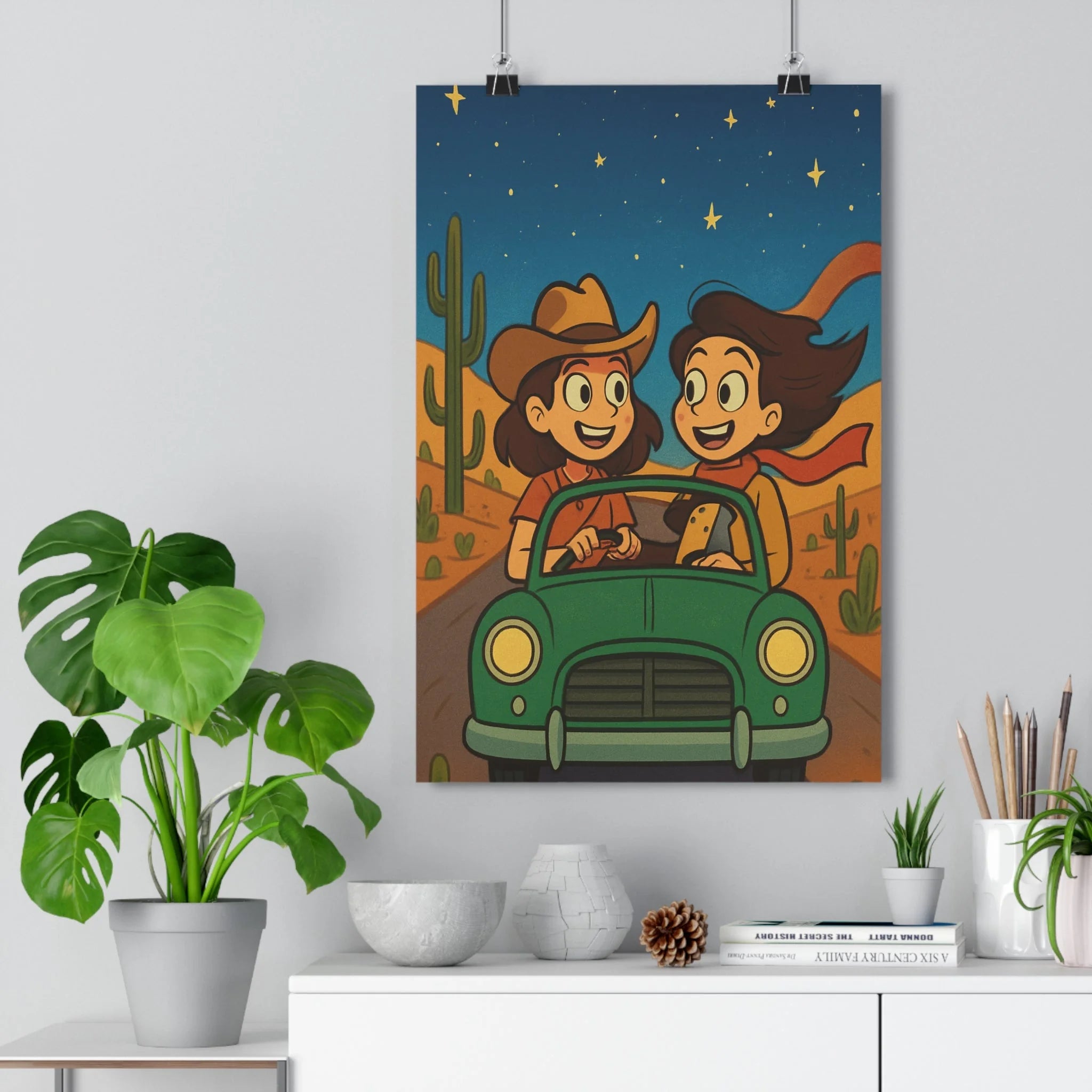 Poster décoratif rétro vert jaune cartoon aventure joyeux intérieur salon chambre bureau 30x46 cm