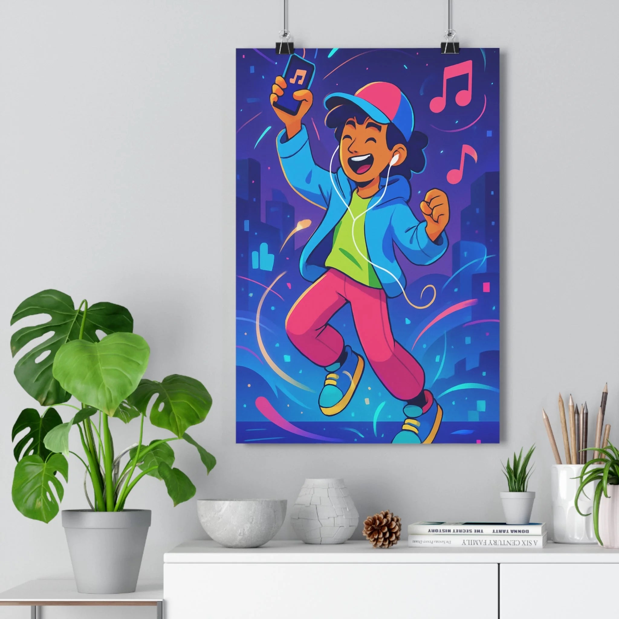 Poster décoratif moderne cartoon bleu rose vert joyeux chambre salon bureau contemporain vibrant dynamique