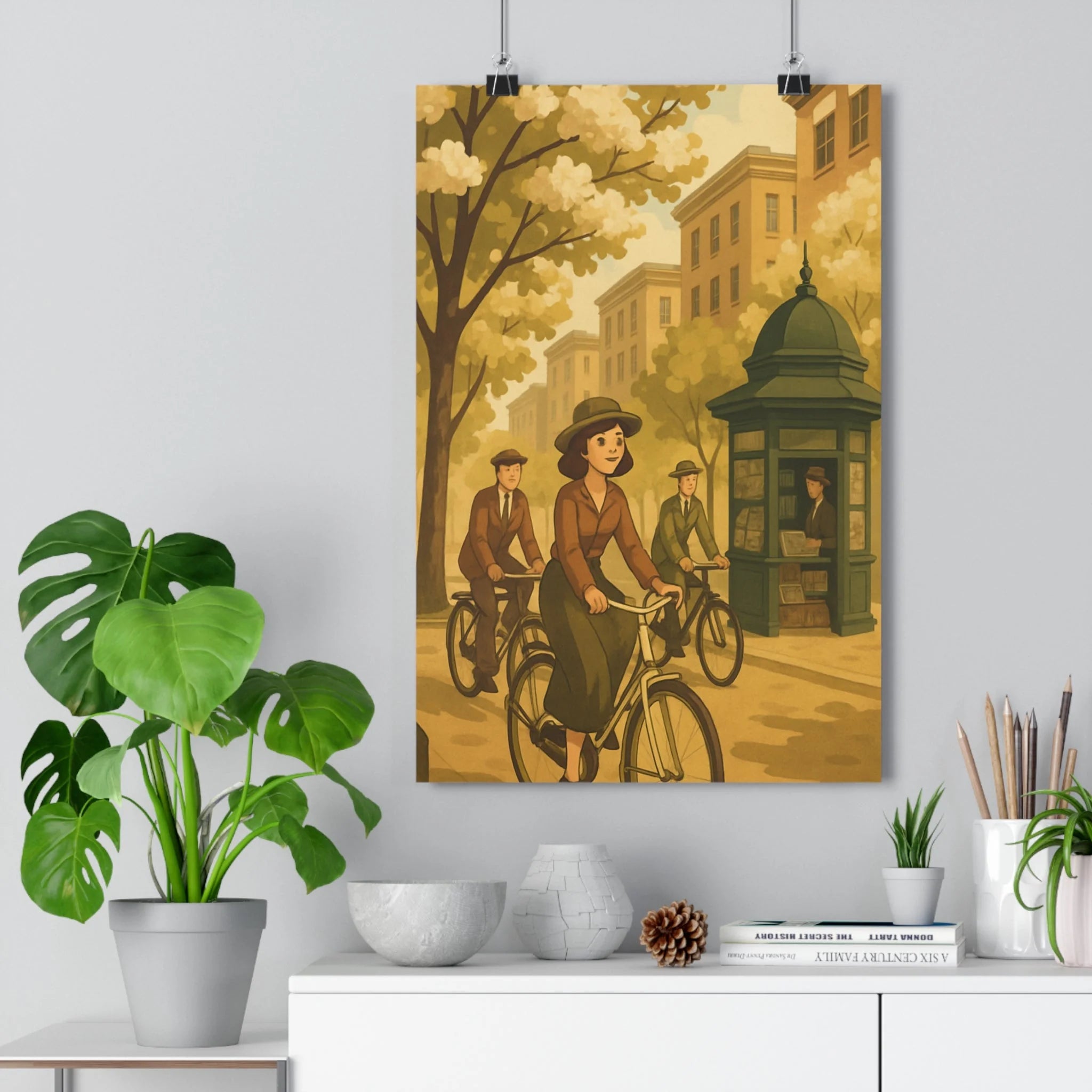 Poster décoratif vintage beige vert urbain nostalgique salon chambre rétro cycliste scène artistique qualité