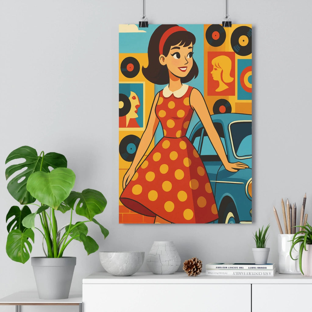 Poster décoratif vintage rétro rouge jaune bleu joyeux salon chambre femme voiture vinyles illustrations