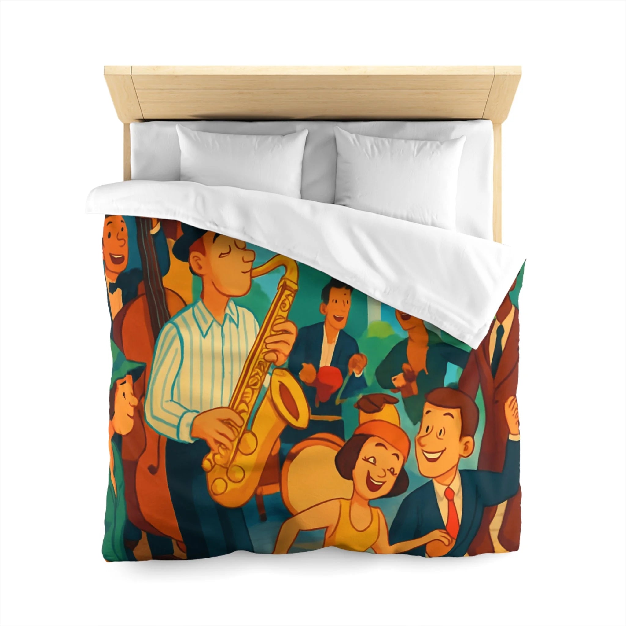 Housse de couette vintage avec scène de musique jazz animée et danse joyeuse