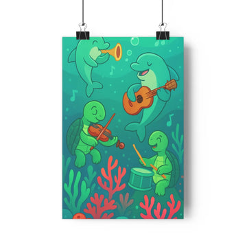 Poster musical océan tortues dauphins coraux bulles joyeux cartoon enfantin festif vibrant expressions heureuses chambre salon