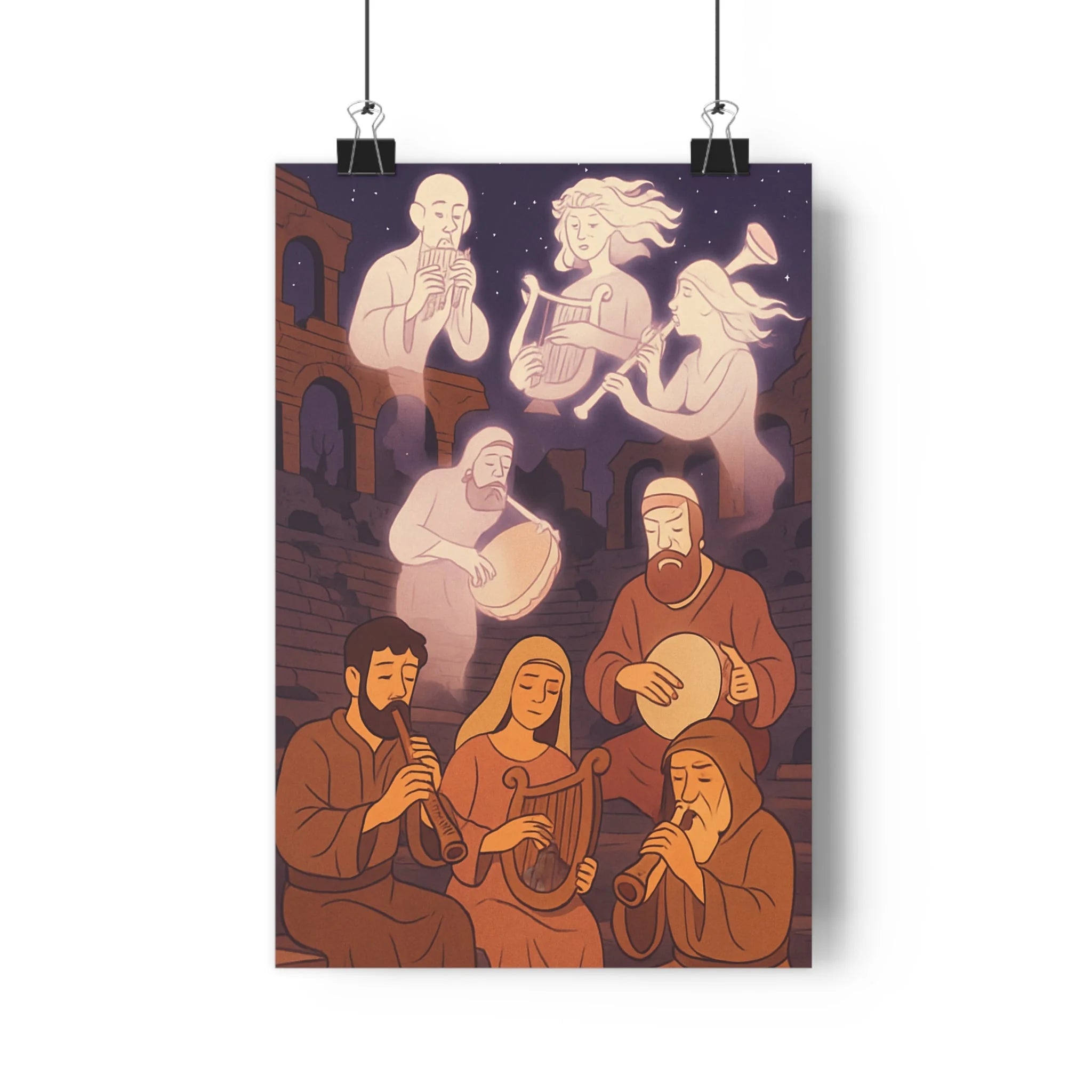 Poster décoratif mystique violet terreux vintage salon ambiance historique musique instruments artistes éthérés ruines