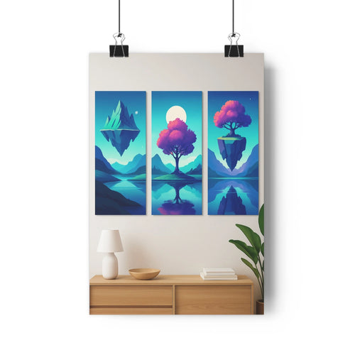 Poster fantastique paysages montagne bleue arbre rose île flottante eau plantes vertes bois clair ambiance mystérieuse sereine style moderne minimaliste