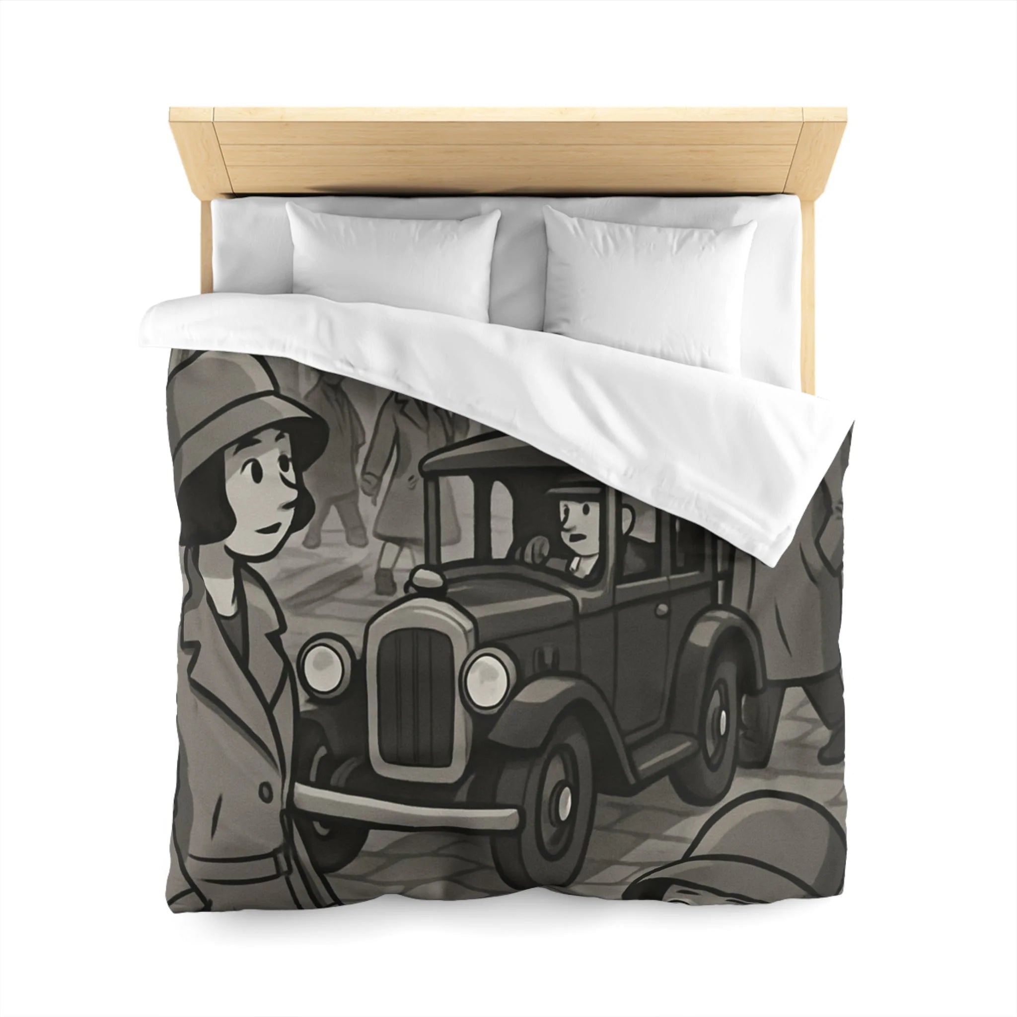 Housse de Couette Vintage avec Rue Animée et Voiture des Années 1930