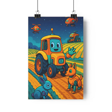 Poster agricole tracteur souriant lapins chiens nuit hélicoptères champ vert bleu joyeux cartoon vibrant