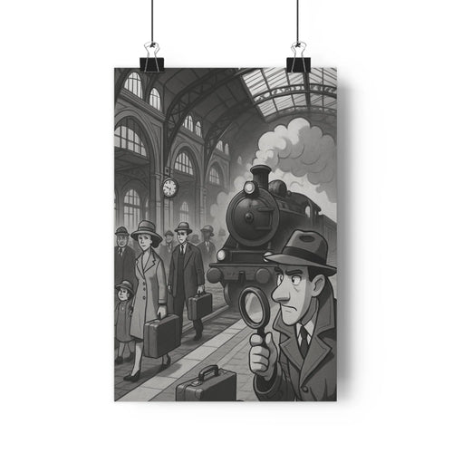 Poster vintage gare vapeur enquête loupe détective ambiance mystérieuse platforme voyageurs fenêtres vitrées architecture métallique noir blanc réalisme détails fin