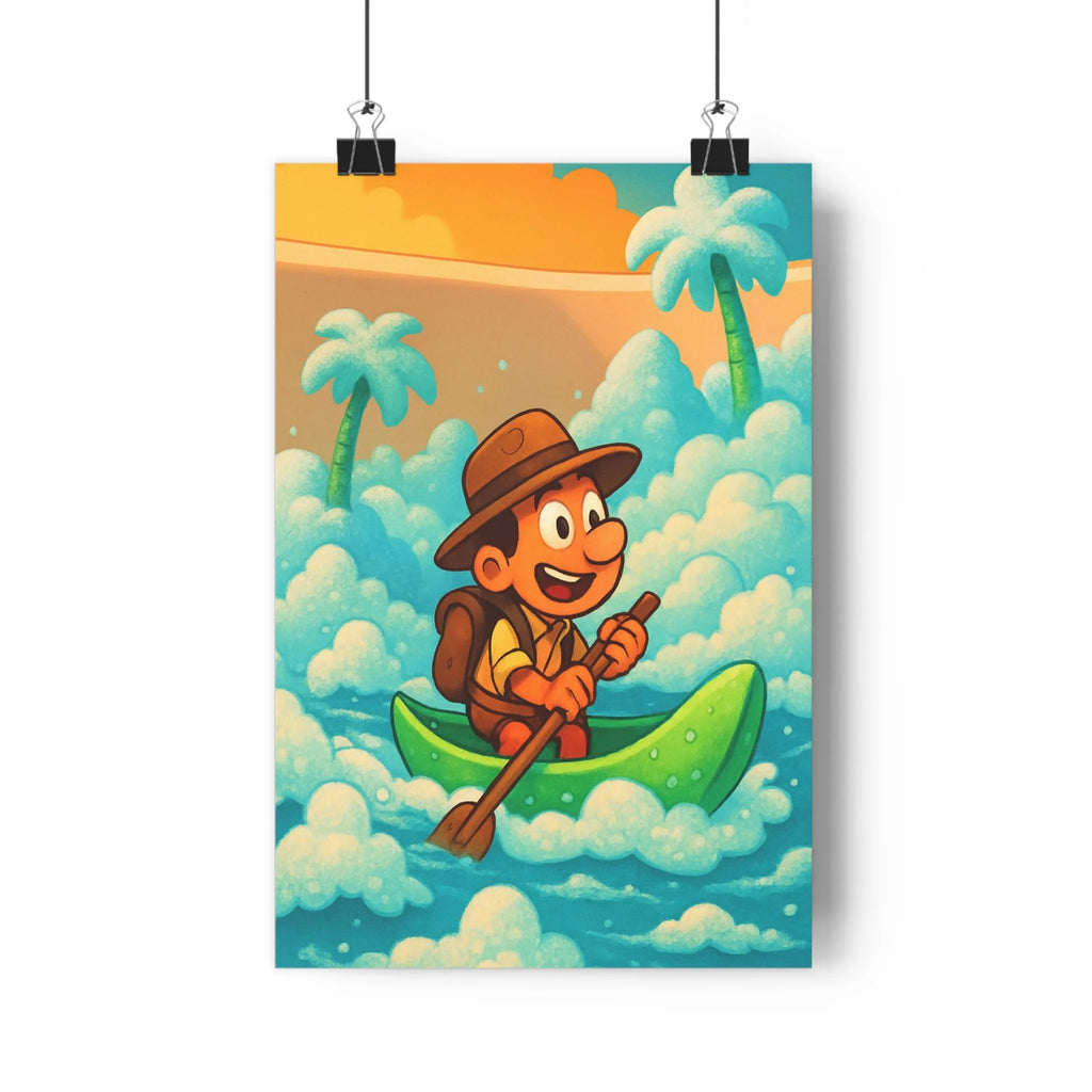 Poster décoratif aventurier bleu vert cartoon exotique joyeux aventure salle bain ambiance mousse 30x46