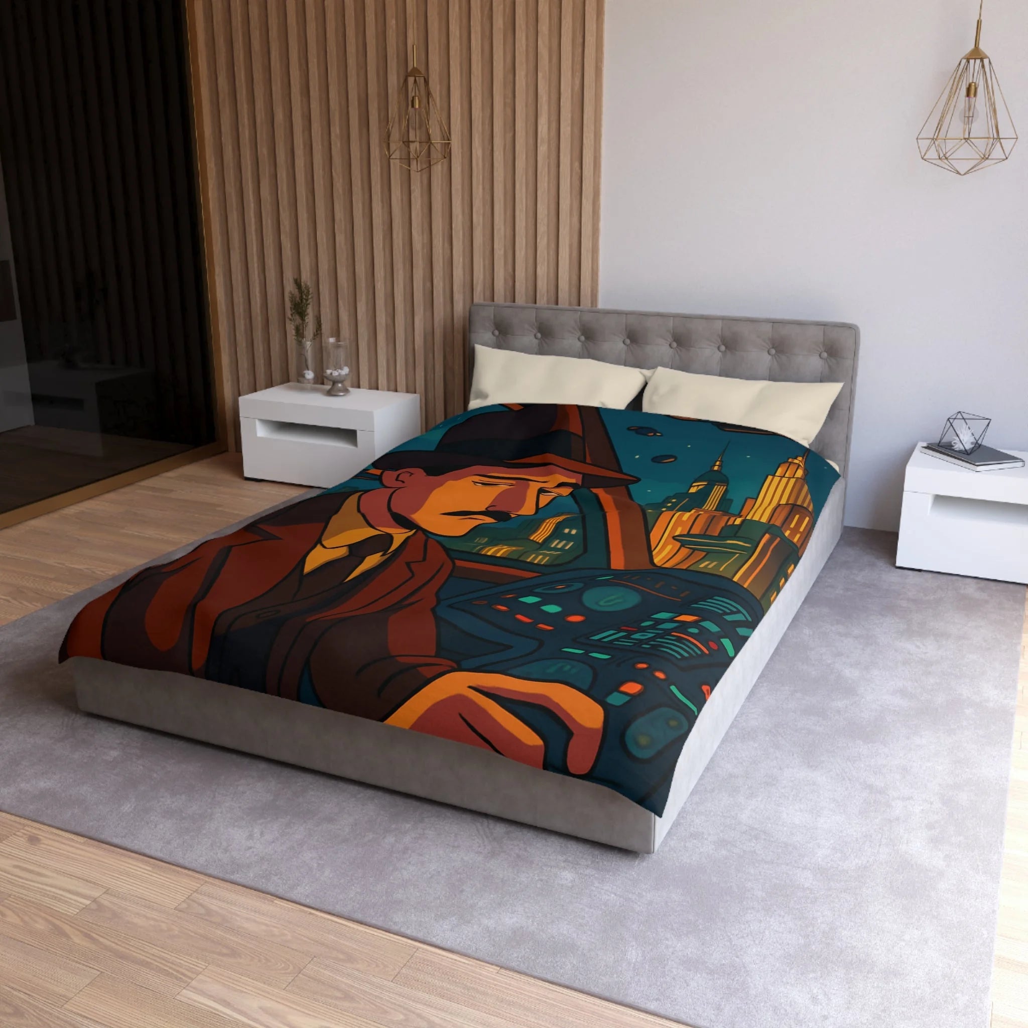 Housse de couette rétro-futuriste avec illustration de ville et pilote dans vaisseau