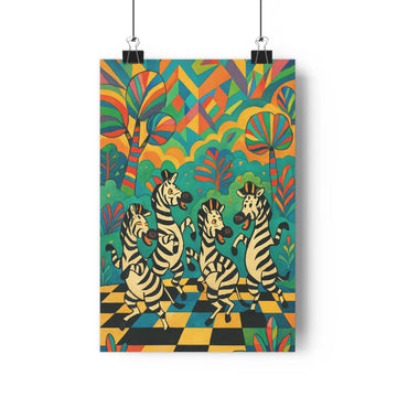 Poster zèbres danse damier géométrique arbres stylisés motifs colorés ambiance festive style moderne pop vibrant salon chambre