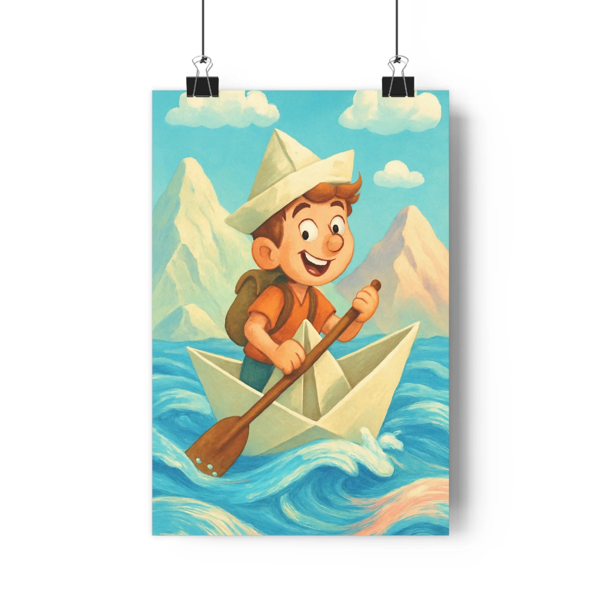 Poster décoratif anime bleu orange joyeux aventure enfant chambre coloré montagne ciel nuage bateau