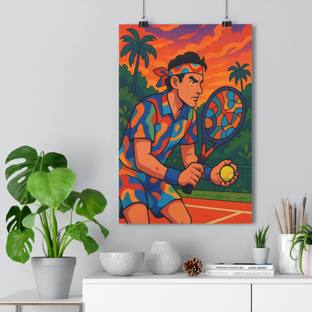 Poster décoratif dynamique anime tennis orange bleu vert chambre enfant vibrant artistique sportif ambiance