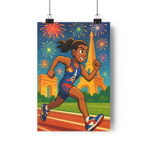 Poster athlète dynamique tour eiffel arc triomphe feux artifice ciel bleu nuit couleur vive style cartoon énergie festive chambre salon