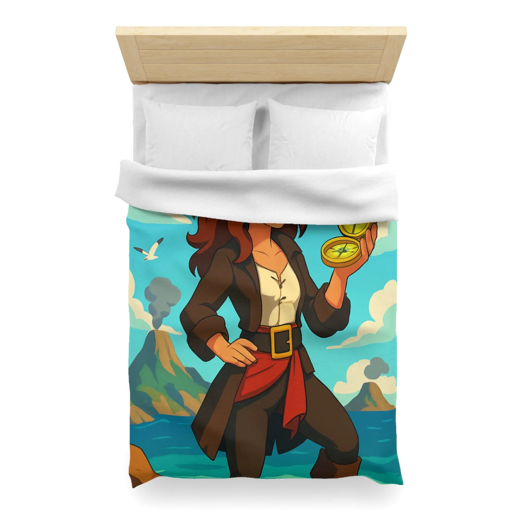 Housse de couette piraterie avec paysage maritime et aventurière avec boussole