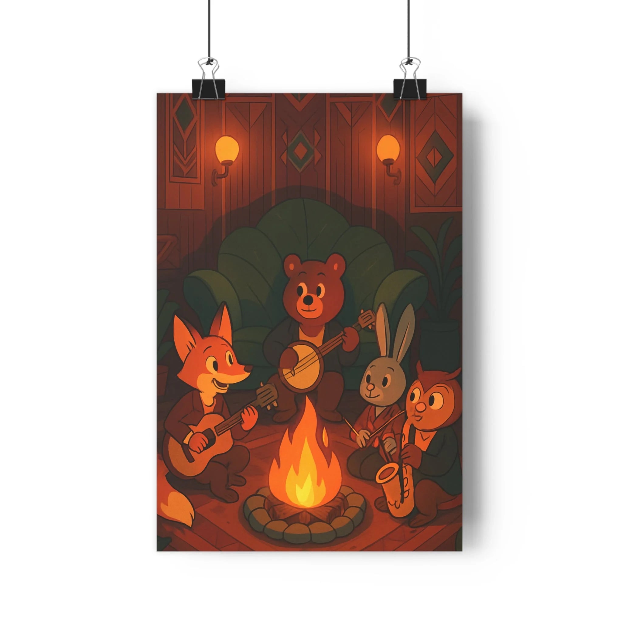 Poster décoratif cartoon terreux chaleureux salon cosy animaux musique renard ours lapin feu instruments