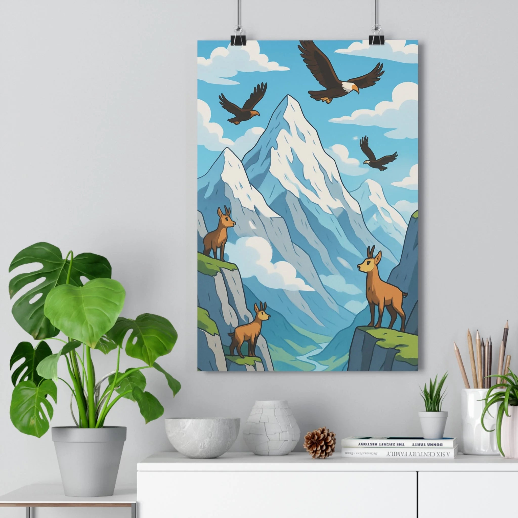 Poster décoratif animé paysage montagne bleu vert naturel apaisant chambre salon relief qualité qualité