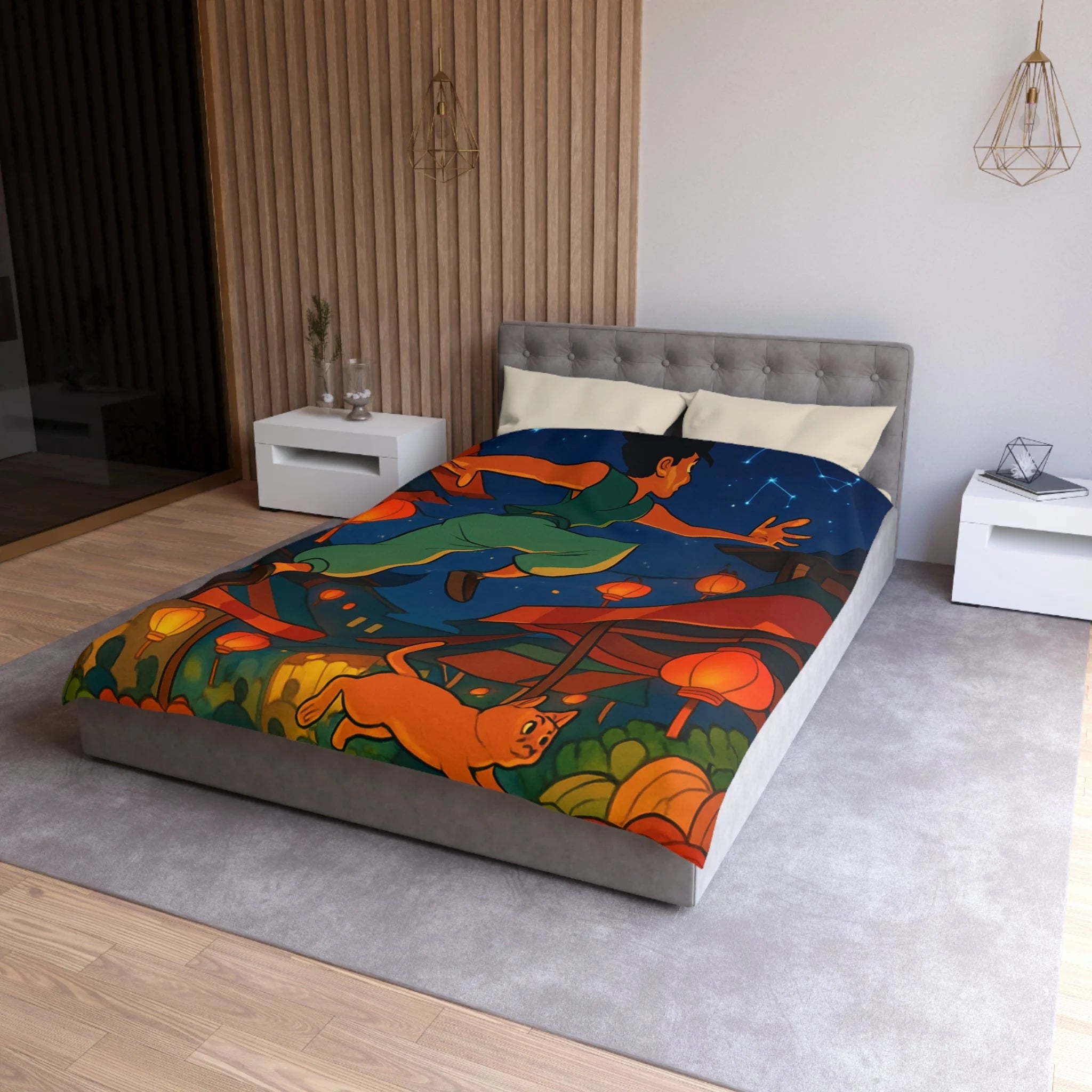 Housse de couette vibrante inspirée d'une scène de marché asiatique nocturne étoilé