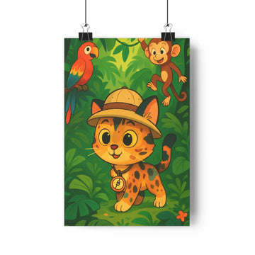 Poster cartoon jungle chat huppe singe feuilles vertes brunes joyeuse ambiance naturelle exotique chambre salon