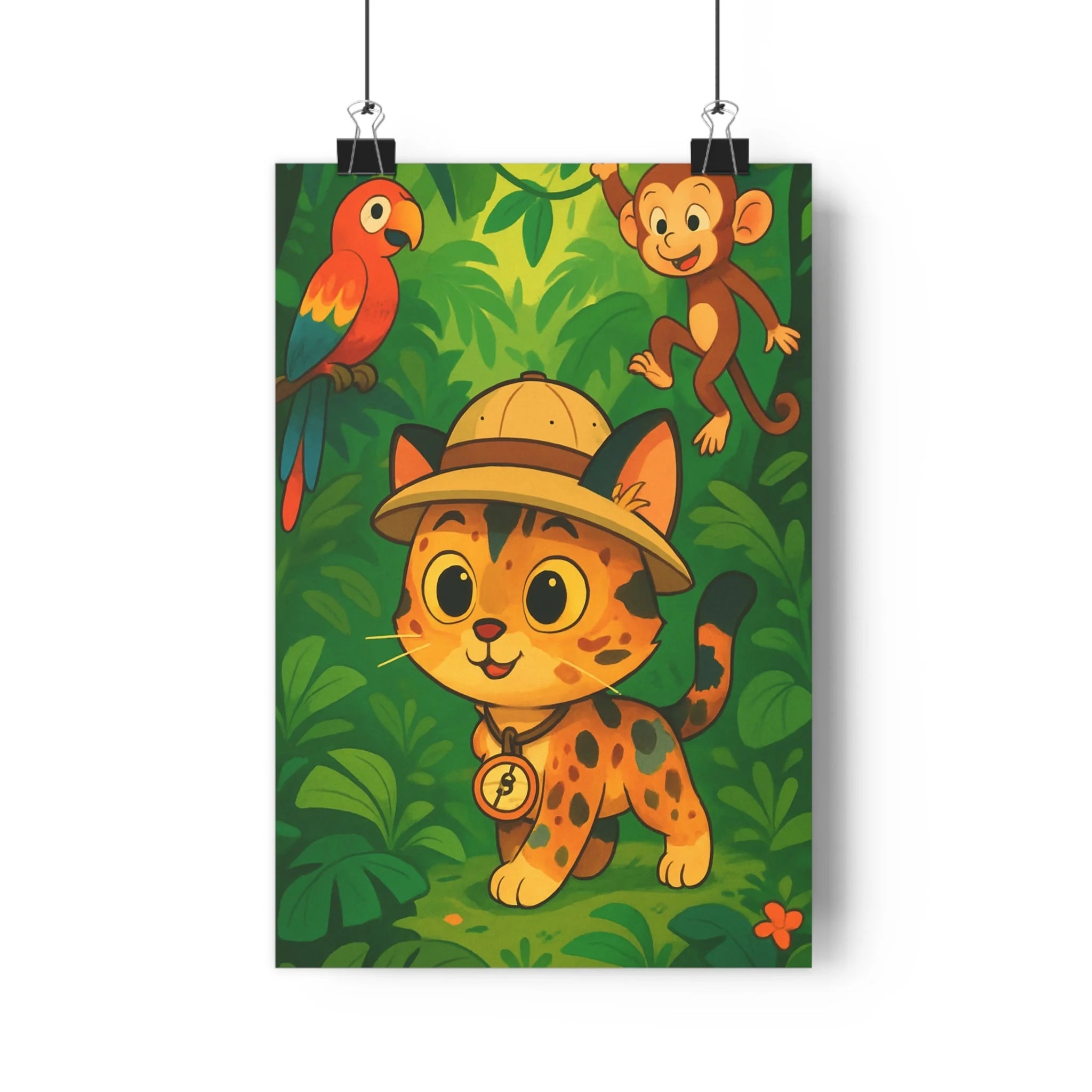 Poster décoratif cartoon jungle chaton aventurier vert bleu joyeux enfant exotique mural vibrant chambre