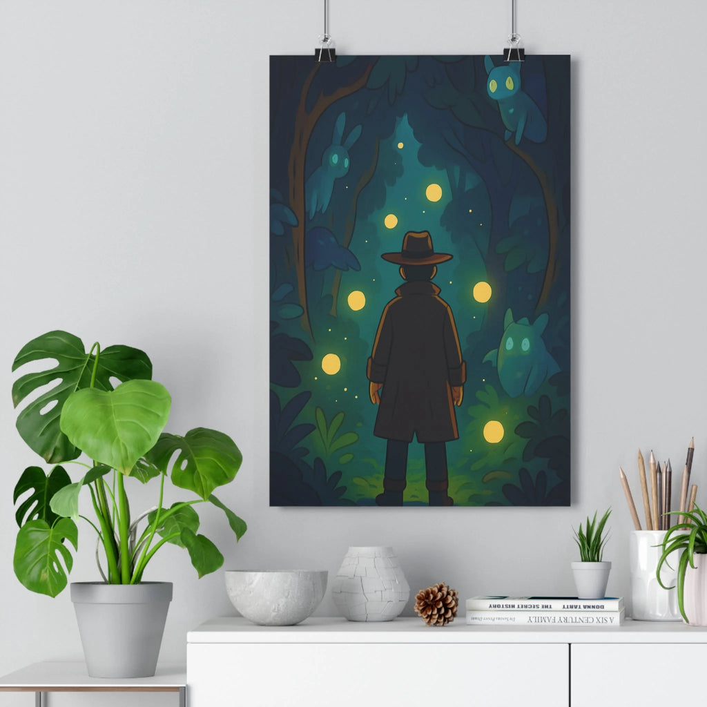 Poster décoratif surréaliste bleu vert mystique forêt mystérieux créatures lumineux enchanté chambre salon ambiance