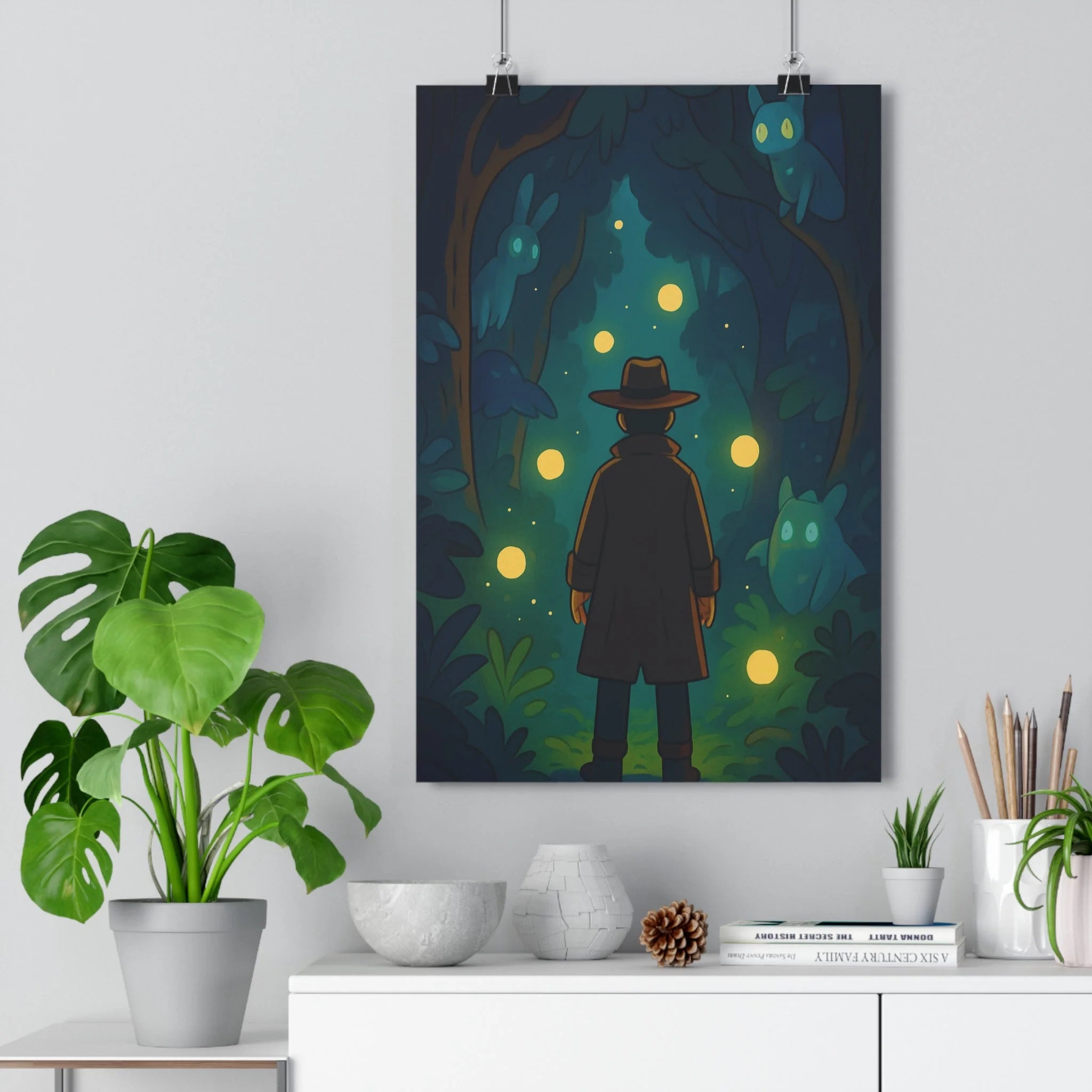Poster décoratif surréaliste bleu vert mystique forêt mystérieux créatures lumineux enchanté chambre salon ambiance