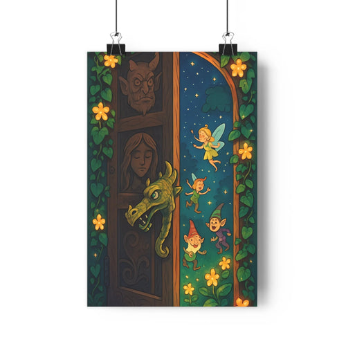 Poster décoratif enchanté chambre enfant féérique vert bleu cartoon magique fleurs fées lutins 30x46