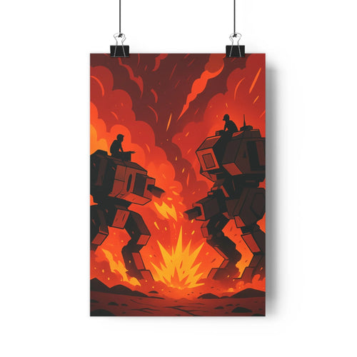 Poster combat robots géants rouge noir fumée tension épiques modernes simples contours nets intense dramatique salon chambre