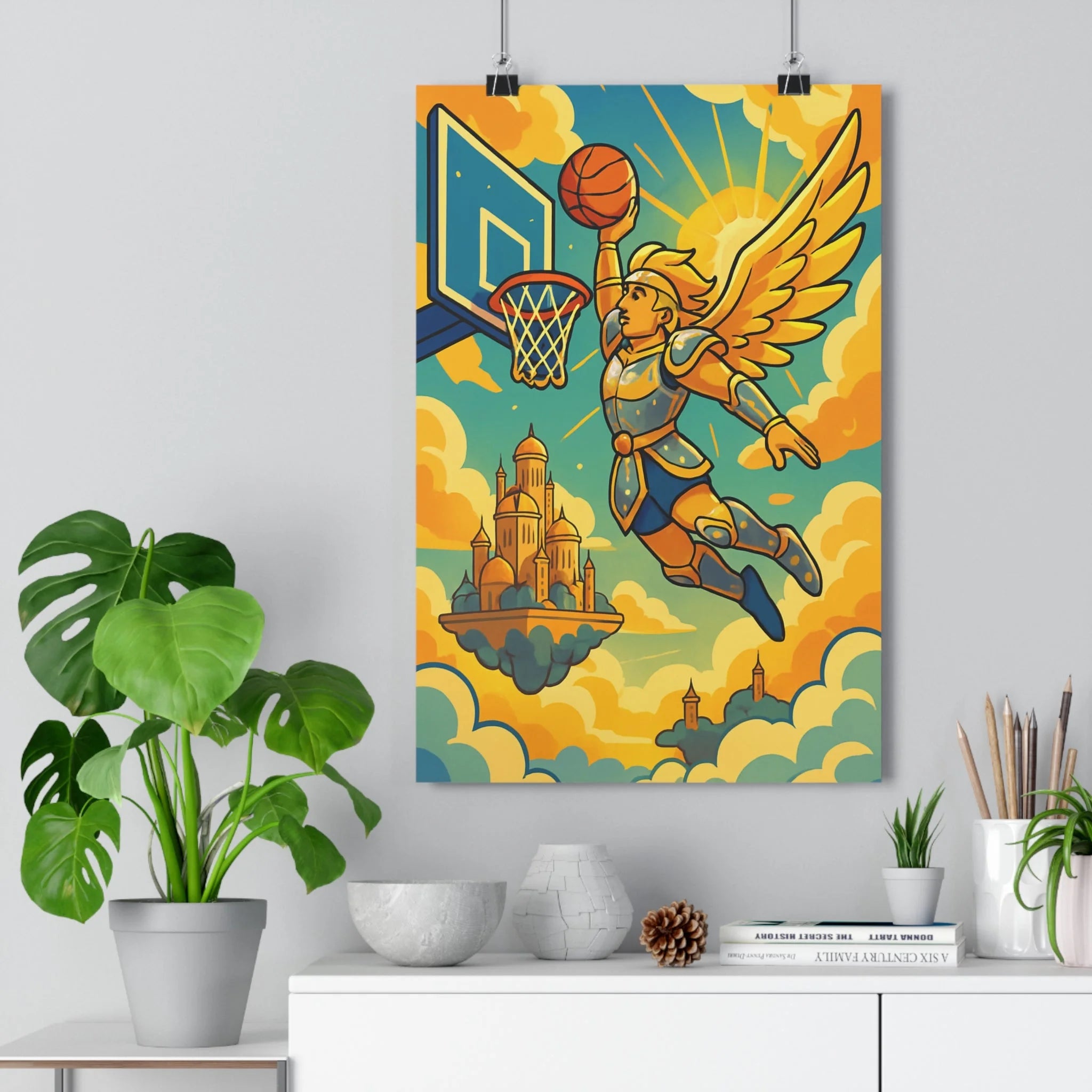 Poster décoratif cartoon épique or bleu orange céleste basket chambre salon dynamique mythologique nuages