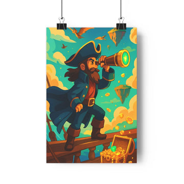 Poster aventure pirate télescope or nuages plante verte livres ambiance joyeuse fantastique cartoon bois chambre salon