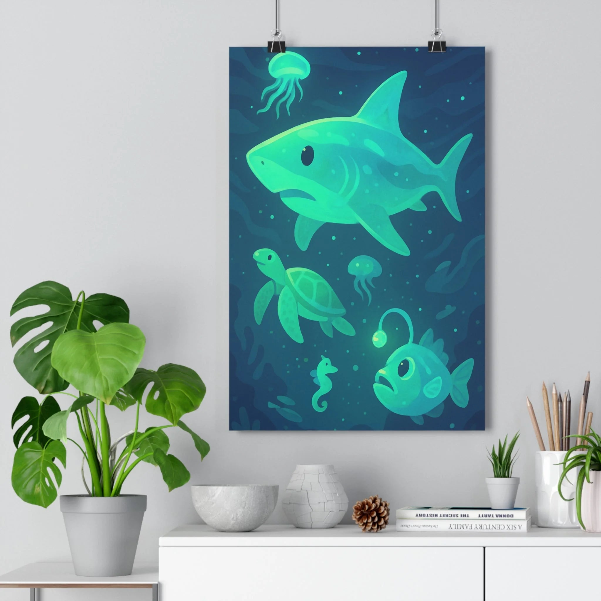 Poster décoratif onirique bleu vert requin tortue hippocampe méditatif chambre exotique mystérieux océan marin