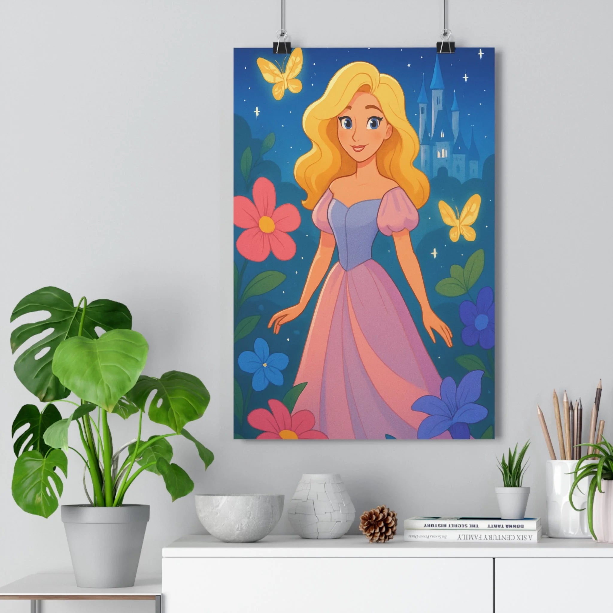 Poster décoratif pastel violet dessin animé magique enfant chambre fleurs papillons château ciel étoilé